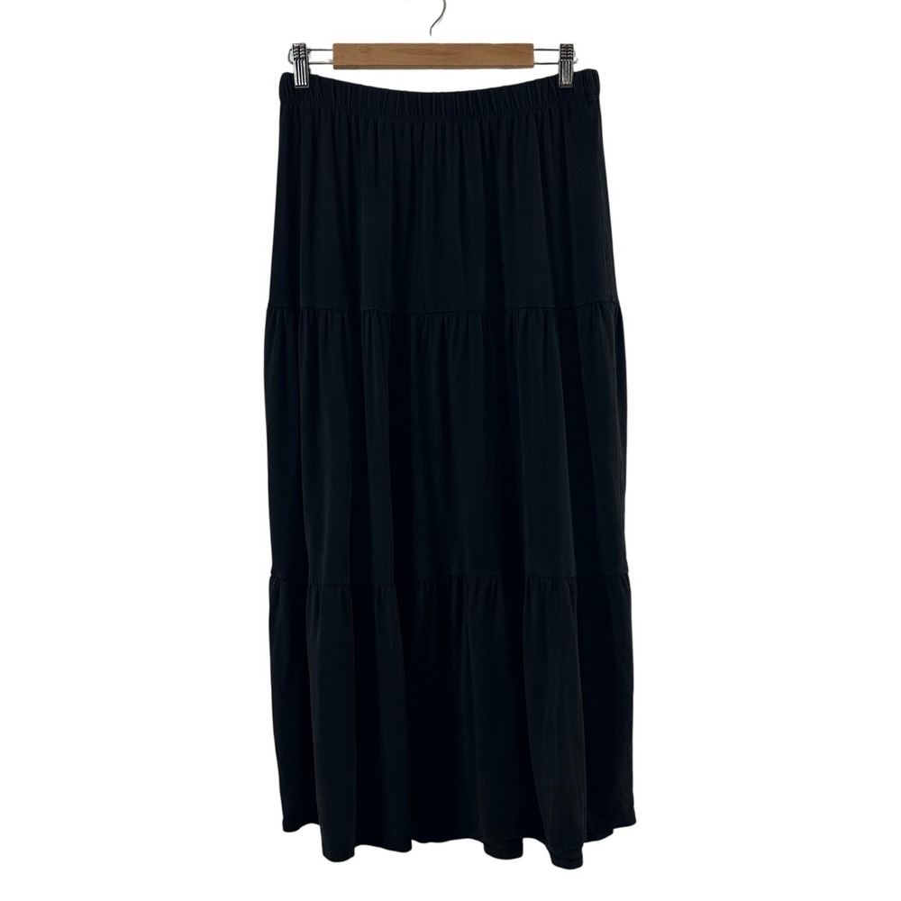 Eileen Fisher Black Tencel Lyocell Tiered Maxi Skirt Small Elastic Waist